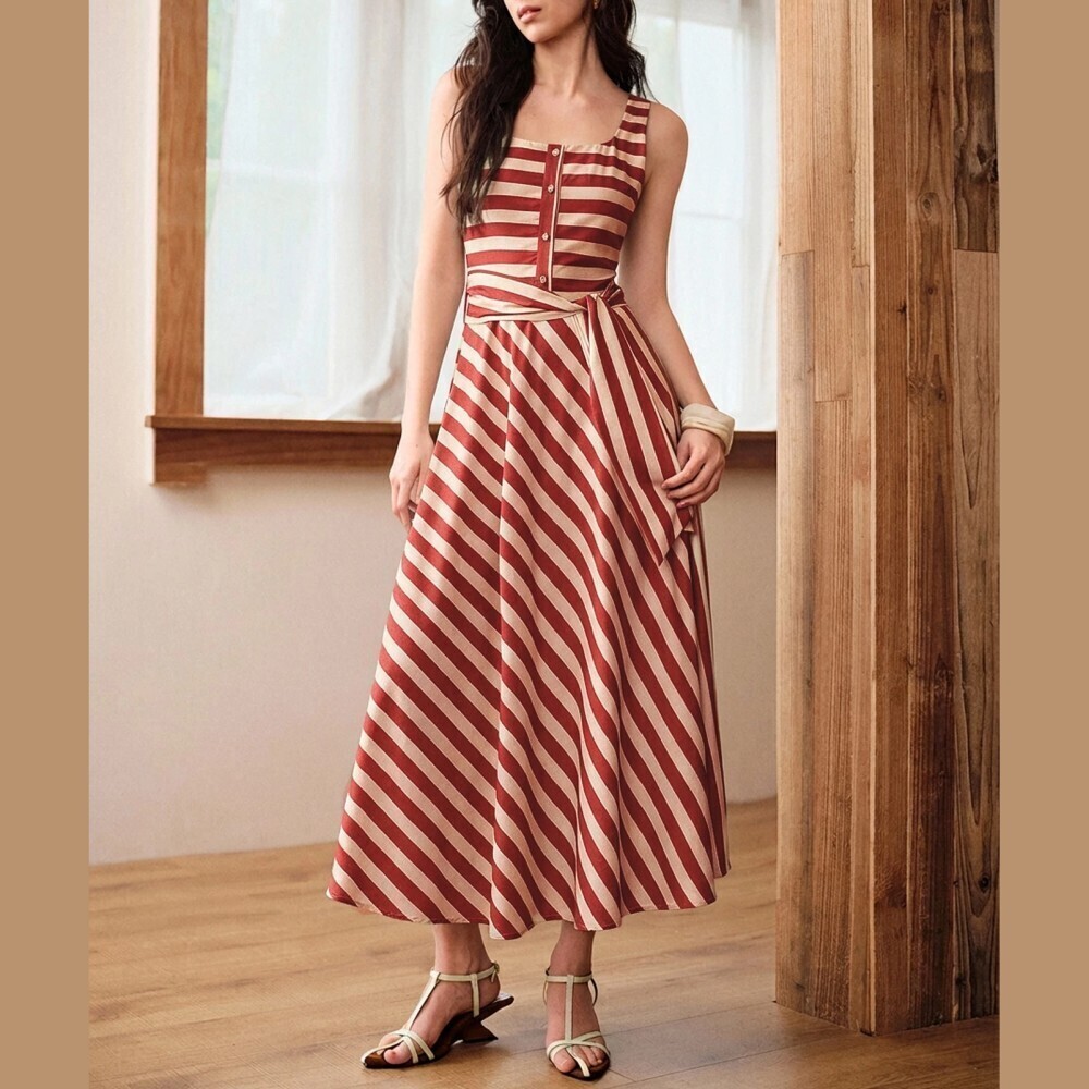 Rust Red Striped Button Front Tie Waist Sleeveless Maxi Dress